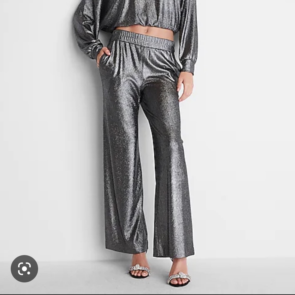 Express Silver Metallic Holiday High Waist Wide Leg Pant XS